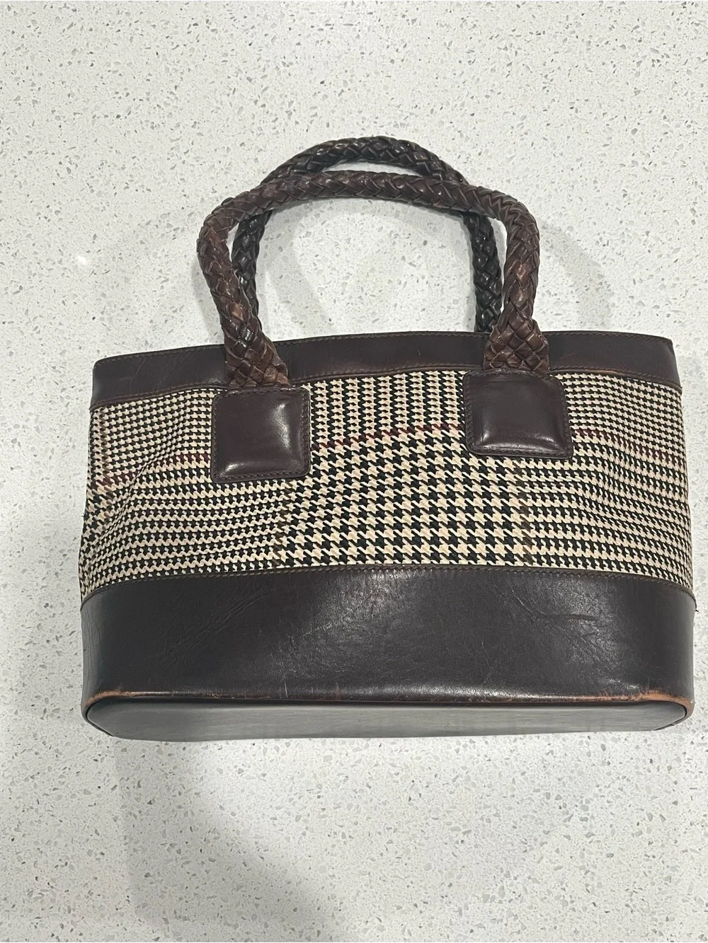 Ralph Lauren Heather Glen Houndstooth Tote with Leather Trim & Braided Strap